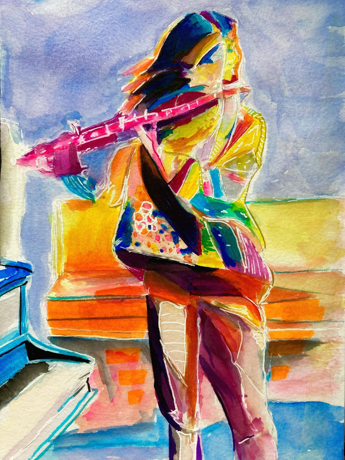 “The Flute” Watercolor and Ink on 4”x6” paper