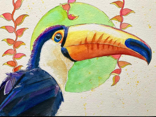 Original Watercolor and Ink Painting- “Toucan” 9in x 12in